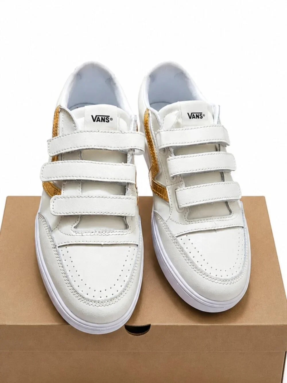 Vans LowlandCC ComfyCush White Gold Leather TripleStrap Mens 8/womens 9.5 721356